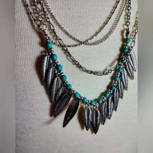 Silver Tone and Turquoise Feather Long Necklace. NWOT